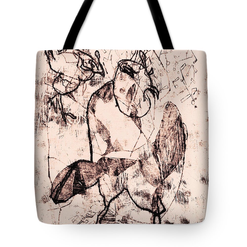 Hen Tote Bag featuring the drawing Black Ivory 1 Original Printmaking Hen by Edgeworth Johnstone