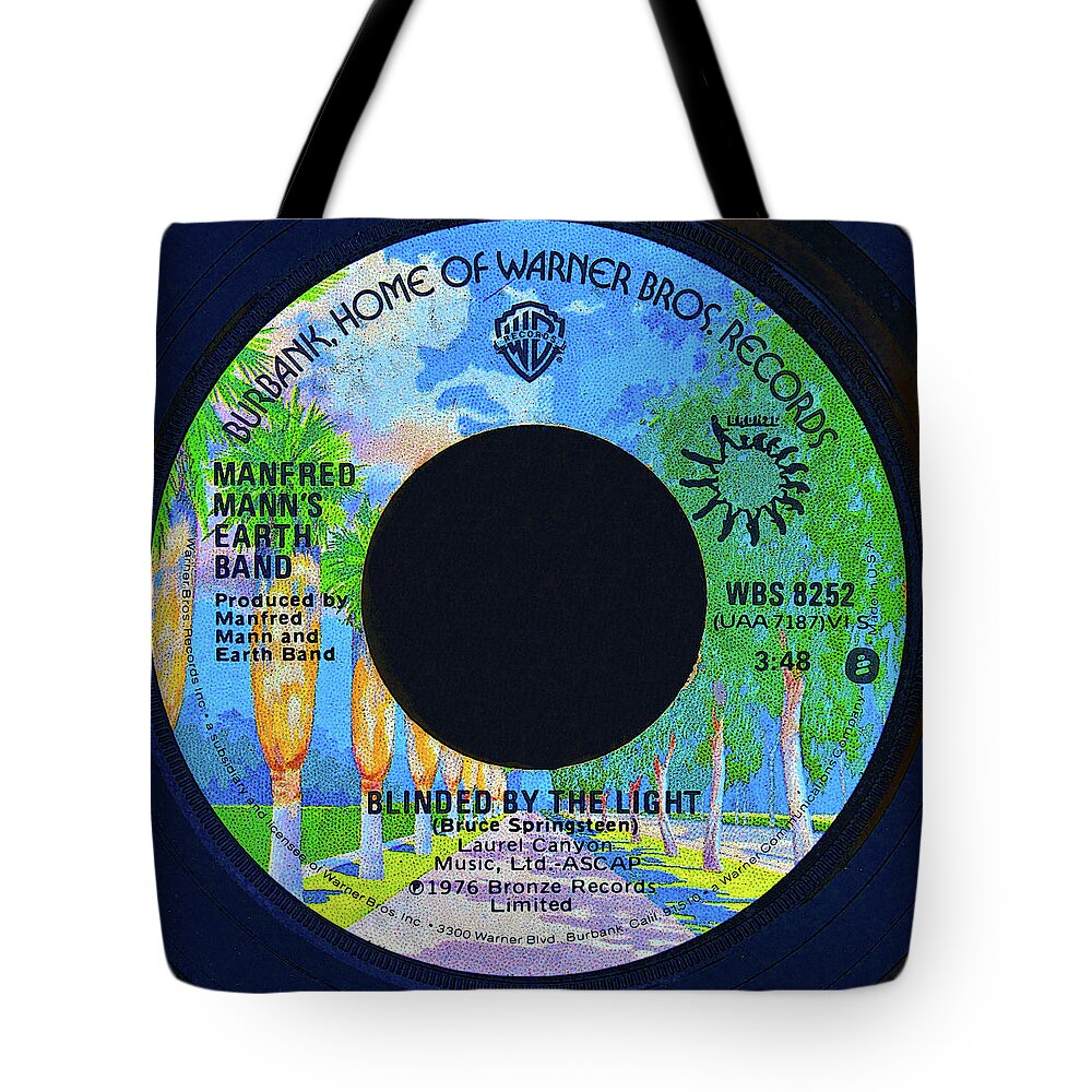 45 Record Tote Bag featuring the mixed media Blinded by the light 45 record by David Lee Thompson