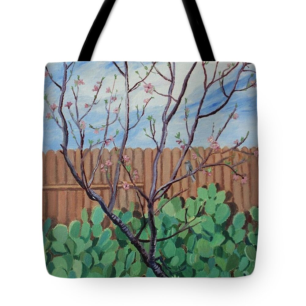 Peach Tote Bag featuring the painting Blooming Peach in our San Antonio Backyard by Vera Smith