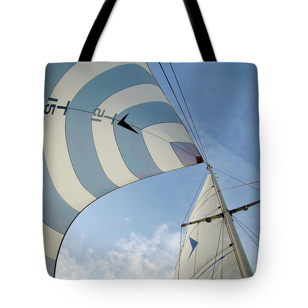 Tranquility Tote Bag featuring the photograph Blue And White Spinnaker by Laura A. Watt