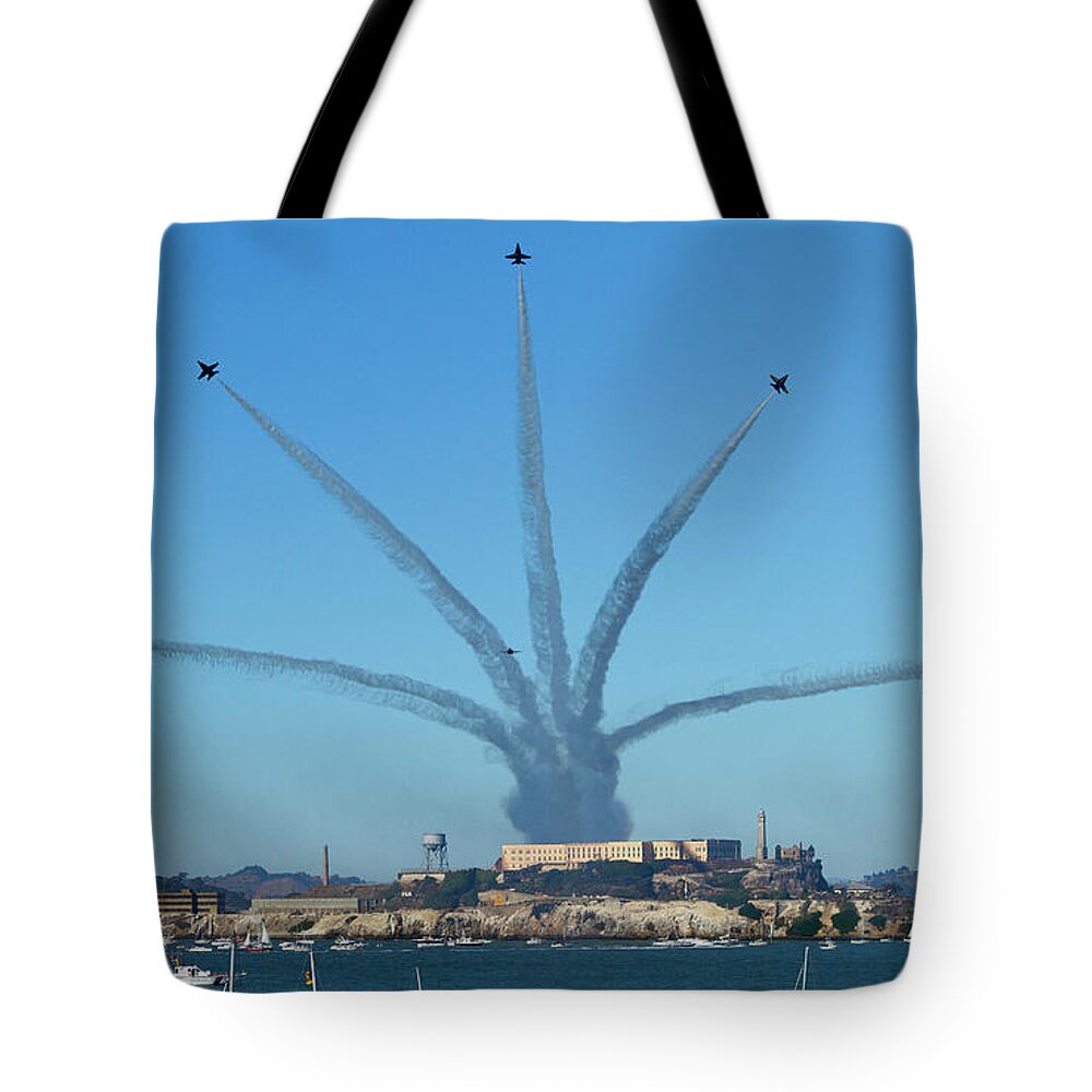 Blue Angels Finale Over Alcatraz Tote Bag featuring the photograph Blue Angels Finale Over Alcatraz by Bonnie Follett
