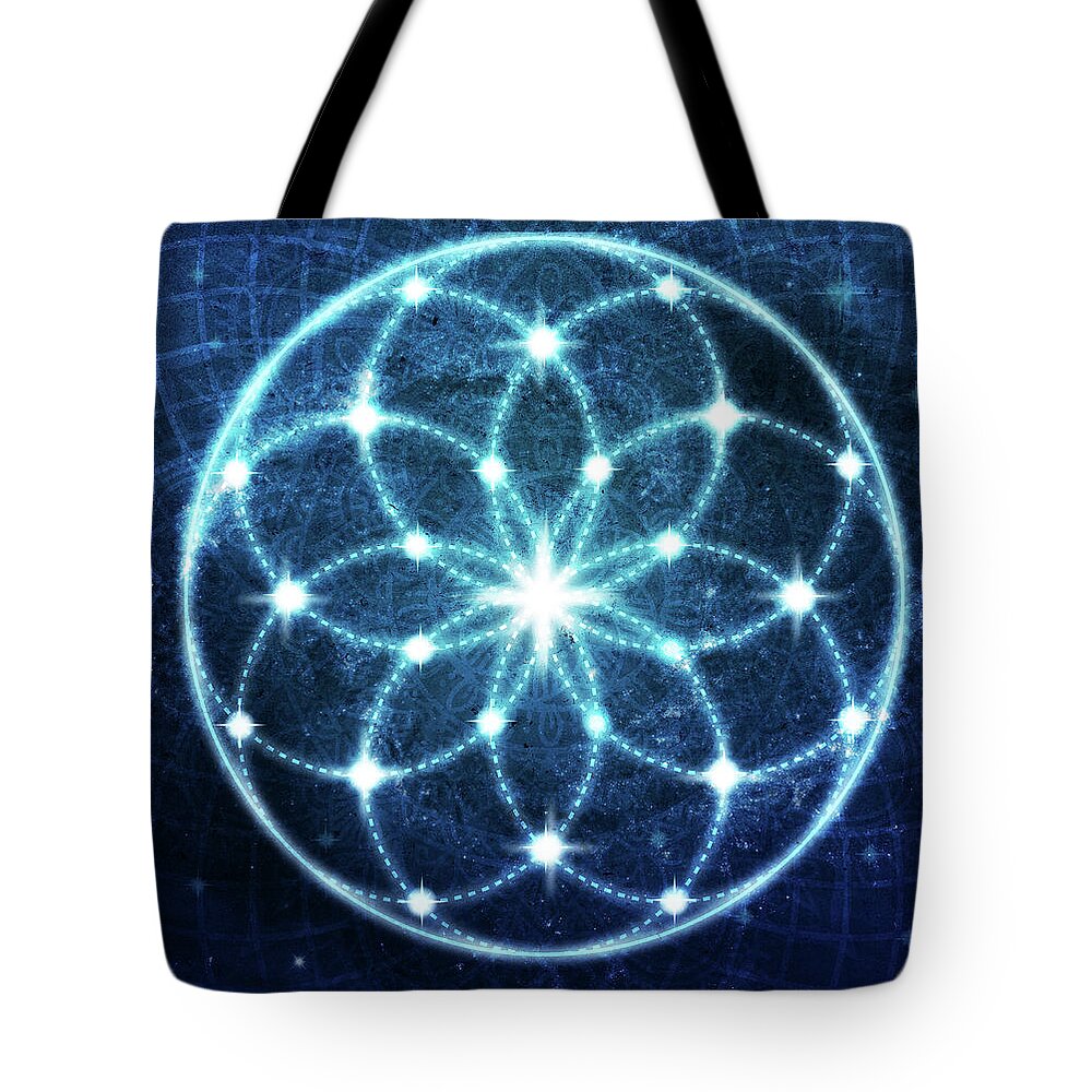 Seed Of Life Tote Bag featuring the digital art Blue Cosmic Geometric Flower Mandala by Laura Ostrowski