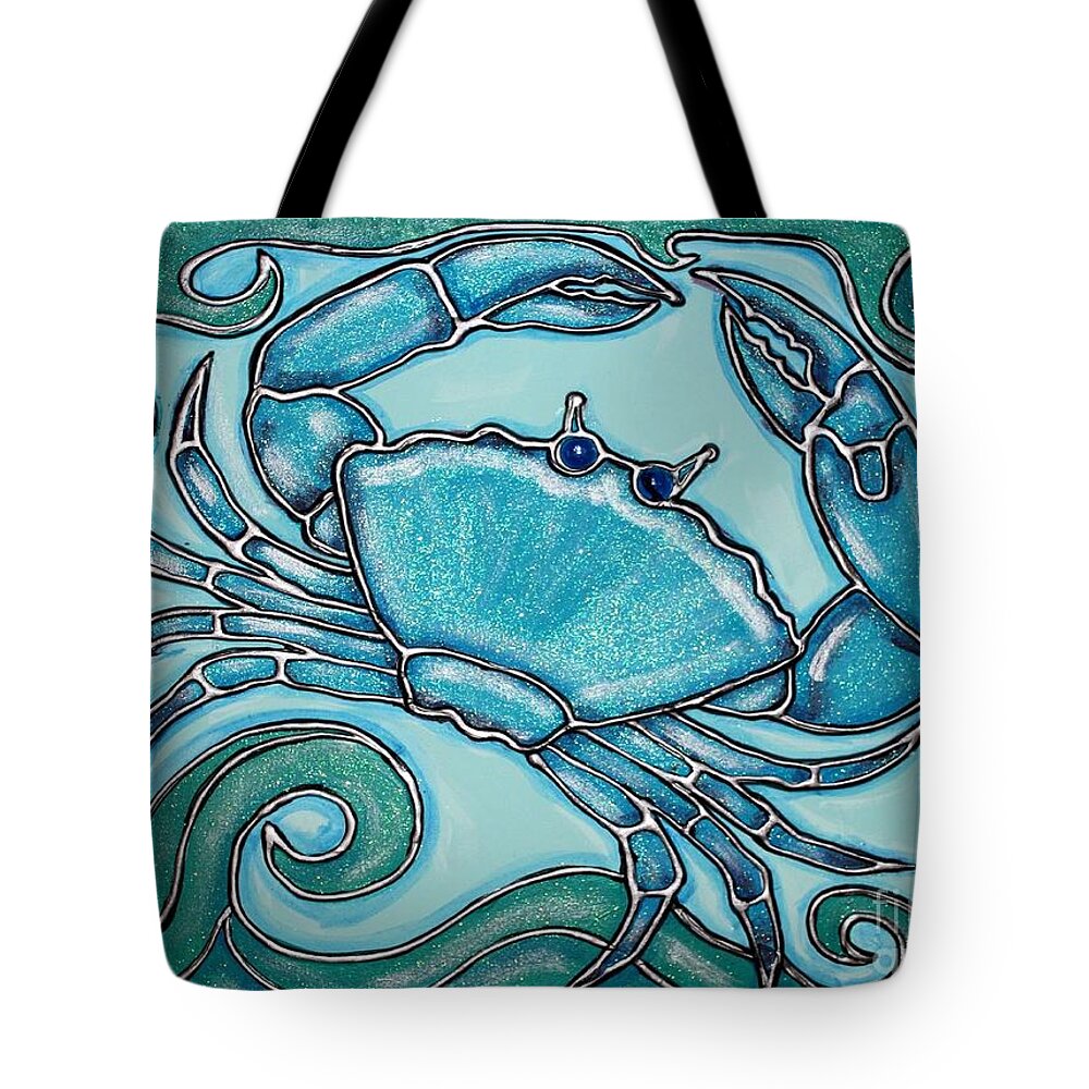 Ocean Tote Bag featuring the painting Blue Crab in Waves by Cynthia Snyder