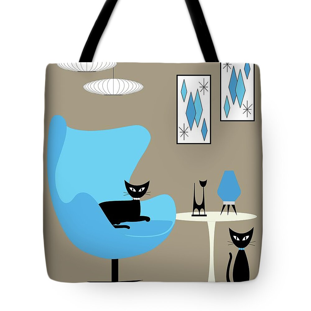 Mid Century Modern Tote Bag featuring the digital art Blue Egg Chair with Cats by Donna Mibus