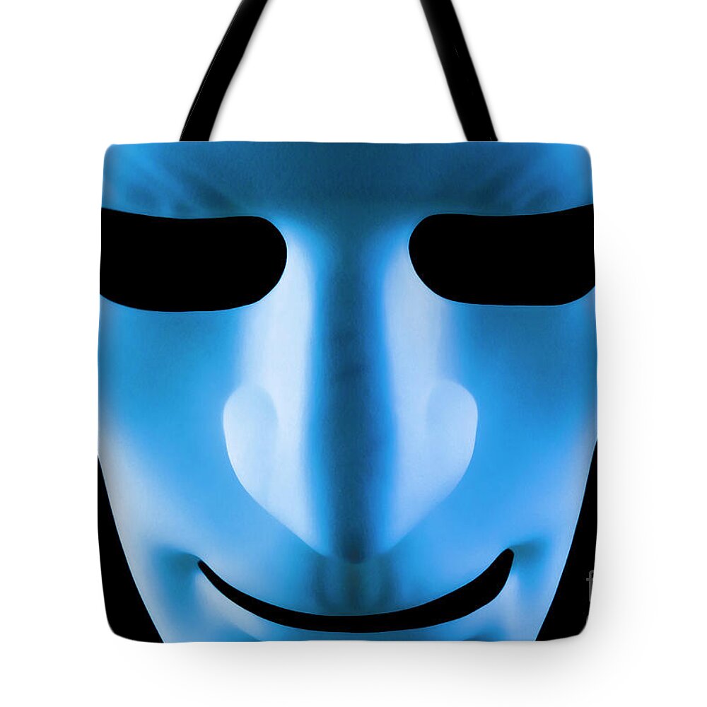 Mask Tote Bag featuring the photograph Blue face artificial intelligence robot by Simon Bratt