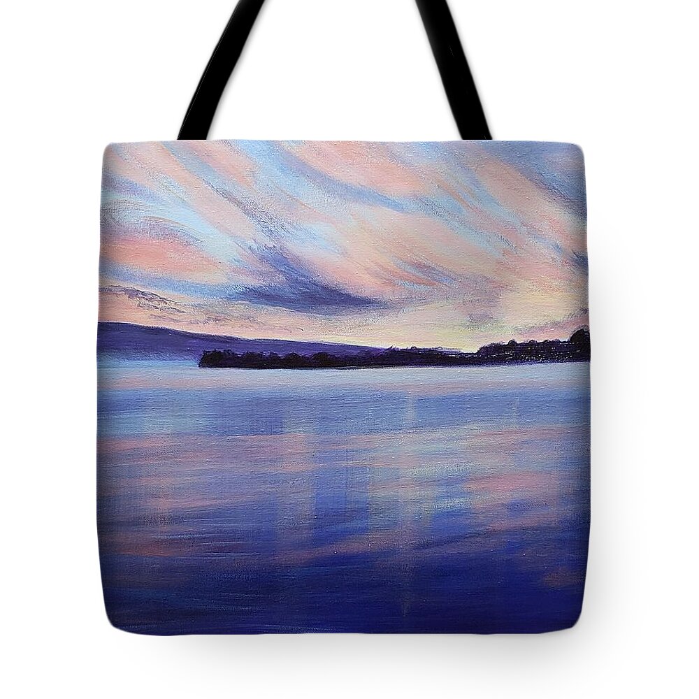 Sunset Tote Bag featuring the painting Blue Fog Over Sunset Lake by Alexis King-Glandon