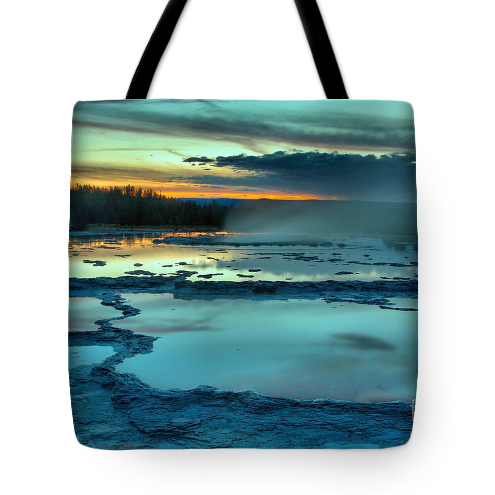Great Tote Bag featuring the photograph Blue Hue Sunset Over Great Fountain Geyser by Adam Jewell