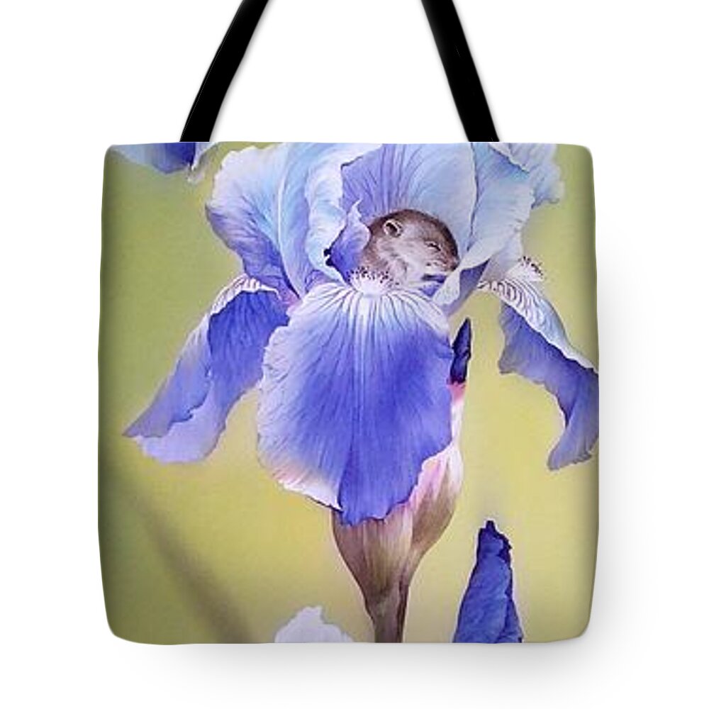 Russian Artists New Wave Tote Bag featuring the painting Blue Irises with Sleeping Baby Mouse by Alina Oseeva