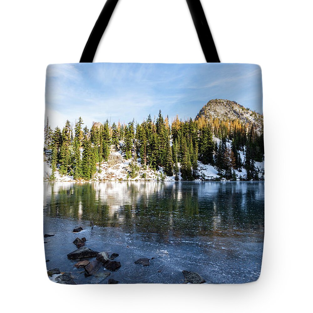 Outdoor; Fall Colors; Autumn; Larch; Golden; Color; Mountains; Tree; North Cascade; Blue Lake; Washington Pass; Washington Beauty; Pacific North West Tote Bag featuring the digital art Blue Lake, WA by Michael Lee