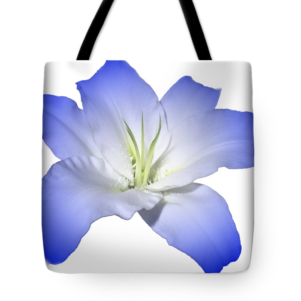 Blue Tote Bag featuring the photograph Blue Lily Flower for Shirts by Delynn Addams