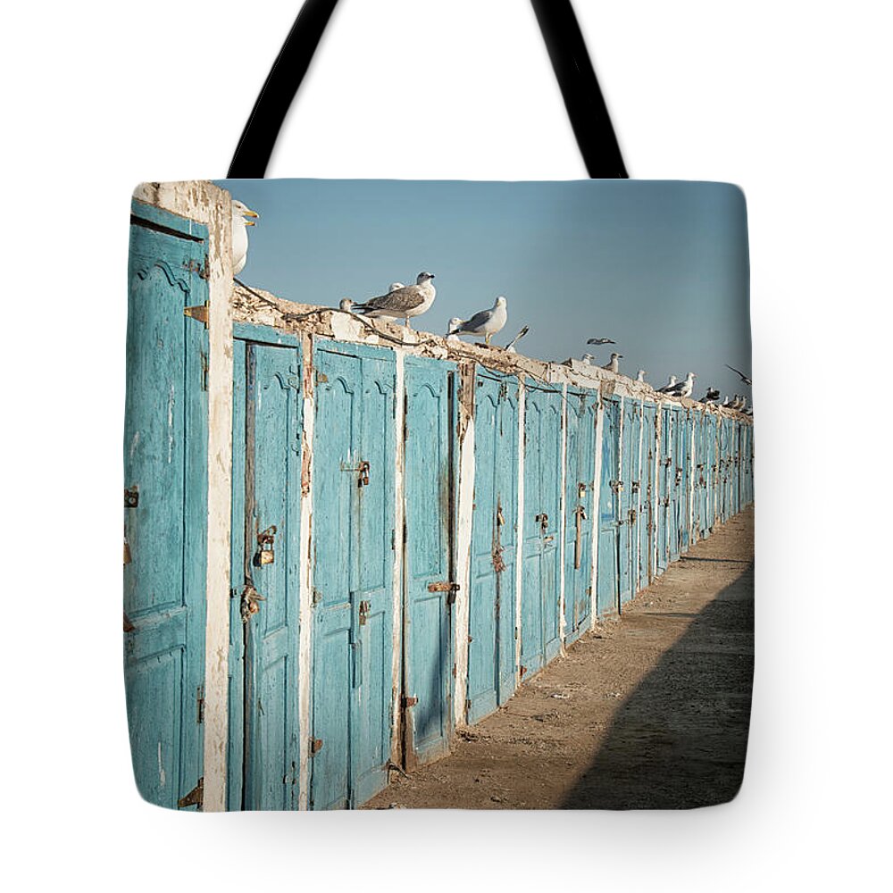Fisherman Lockers Tote Bag featuring the photograph Blue Lockers by Jessica Levant