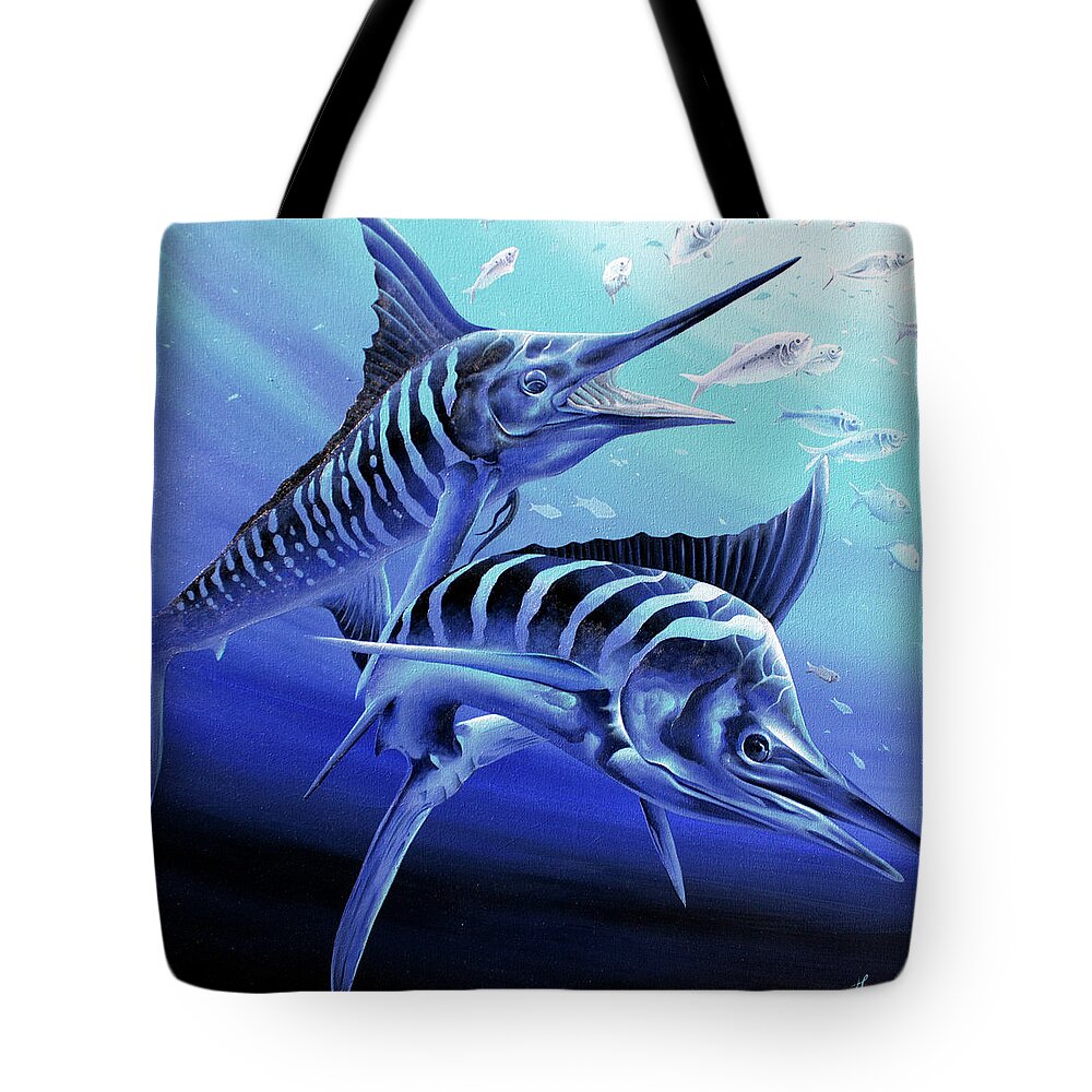 Blue Marlin Tote Bag featuring the painting Blue Marlins by William Love