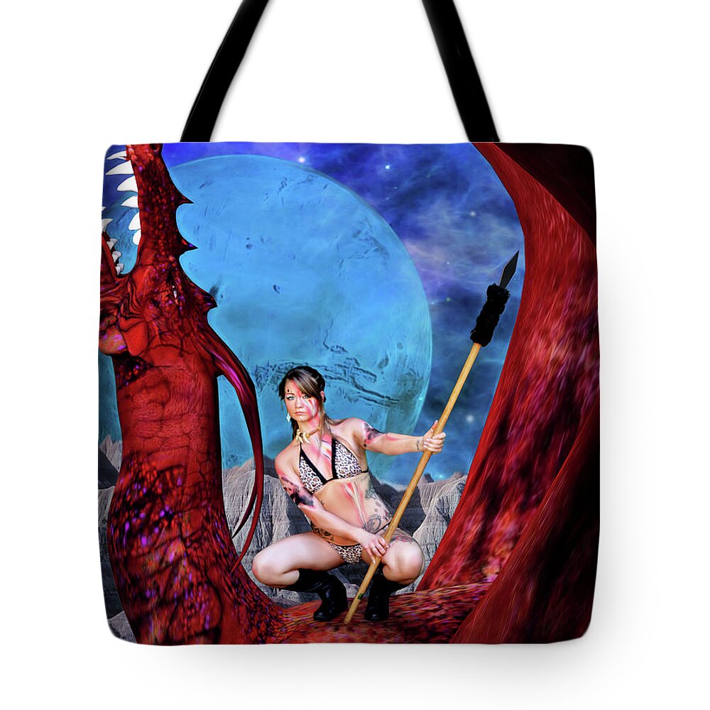 Red Tote Bag featuring the photograph Blue Moon And Red Dragon by Jon Volden