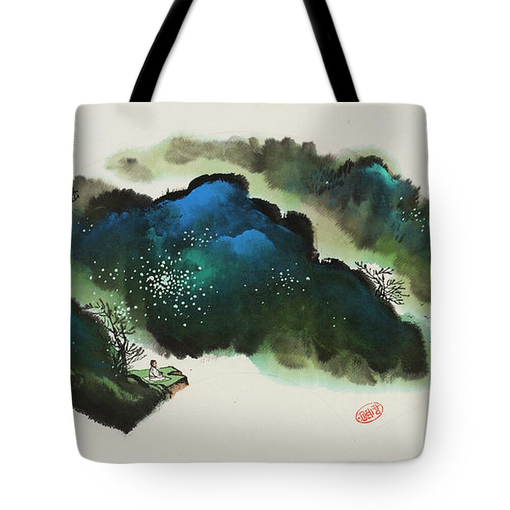 Chinese Watercolor Tote Bag featuring the painting Morning Fog Along the Coast by Jenny Sanders