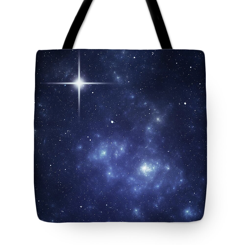 Black Color Tote Bag featuring the photograph Blue Night Sky With A Bright Star In by Sololos