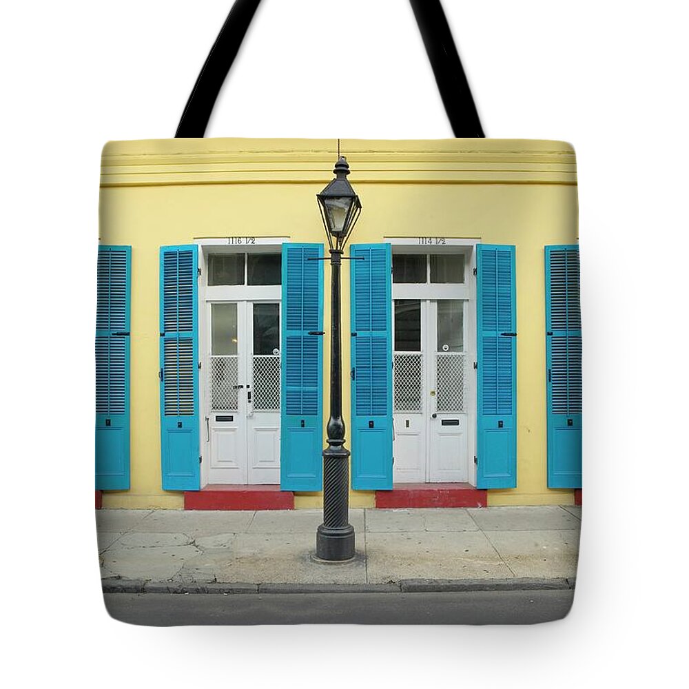 Shutter Tote Bag featuring the photograph Blue Shutter And Lamp Post In French by Visionsofamerica/joe Sohm