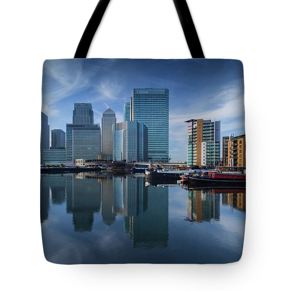City Tote Bag featuring the photograph Blue Skys Over Canary Wharf by Paul Shears