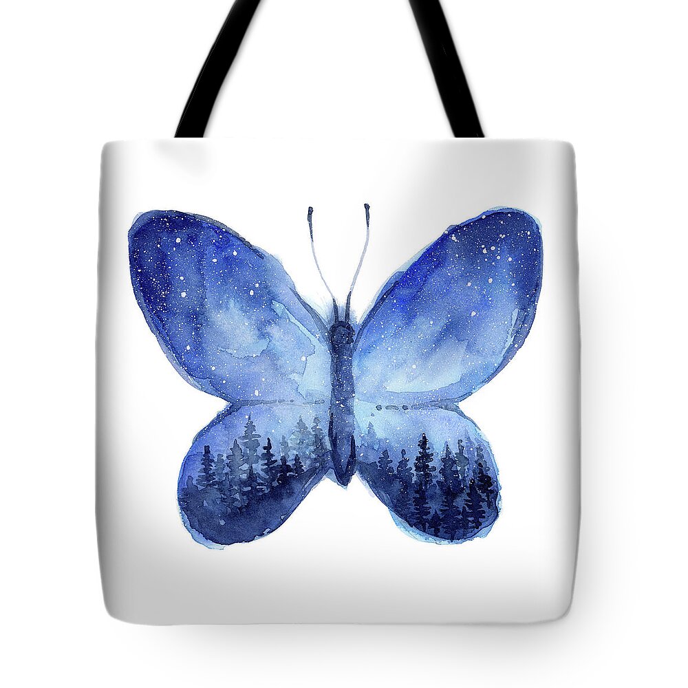 Blue Butterfly Tote Bag featuring the painting Blue Space butterfly by Olga Shvartsur