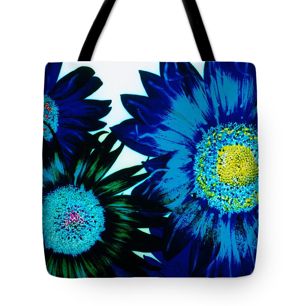 White Background Tote Bag featuring the digital art Blue Sunflowers by Steve Satushek