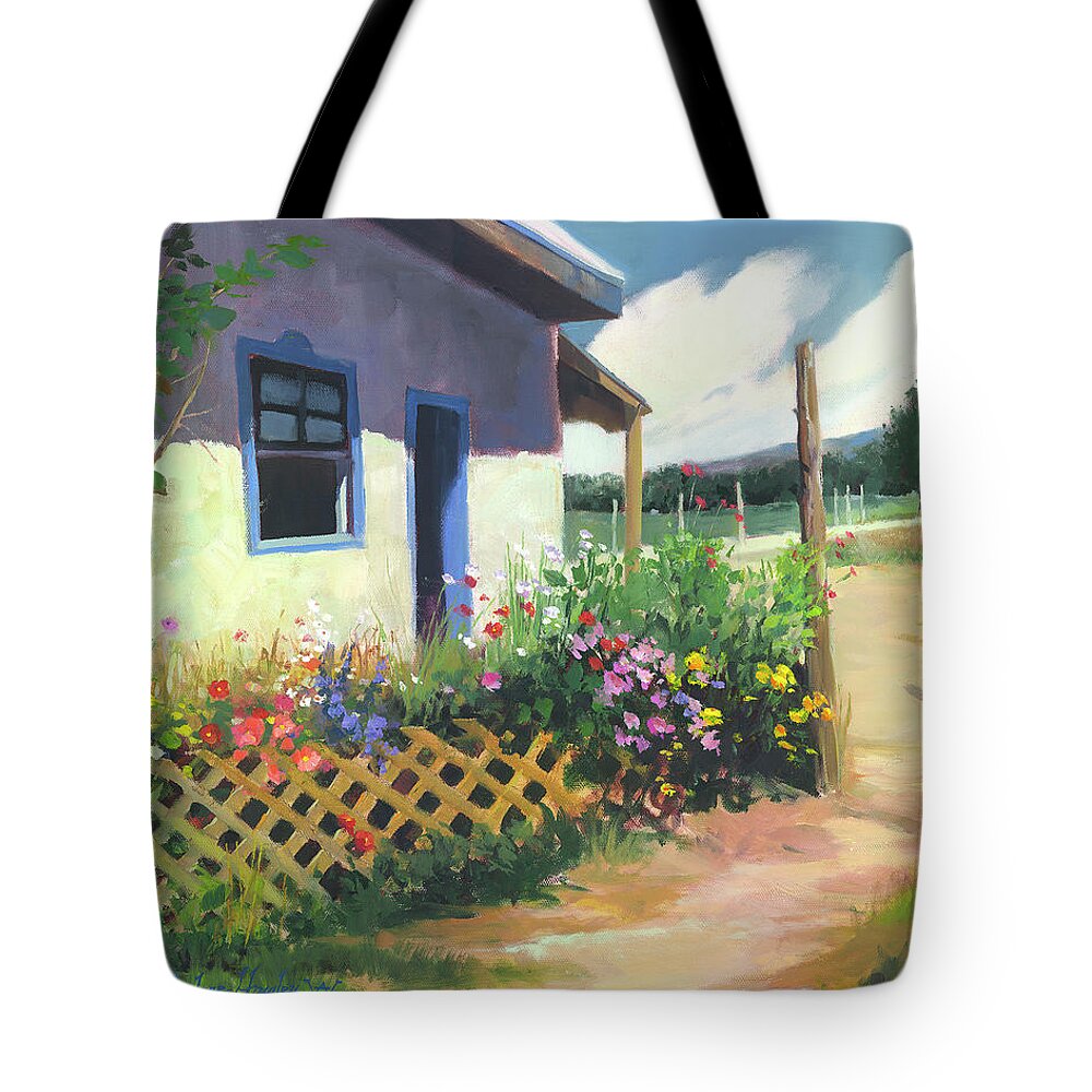 Landscape Tote Bag featuring the painting Blue Taos by Carolyne Hawley