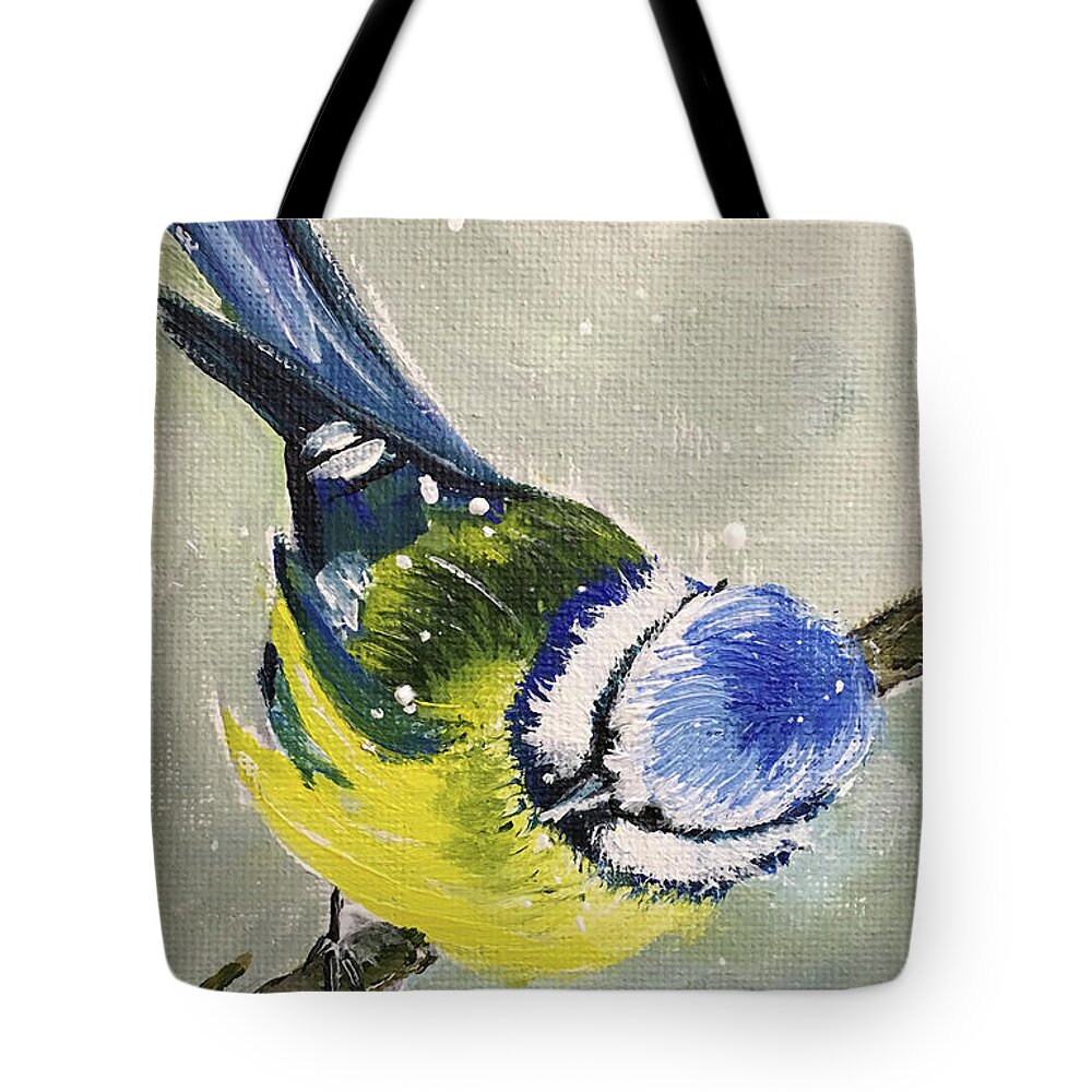 Bird Tote Bag featuring the painting Blue Tit in Snow by Roxy Rich