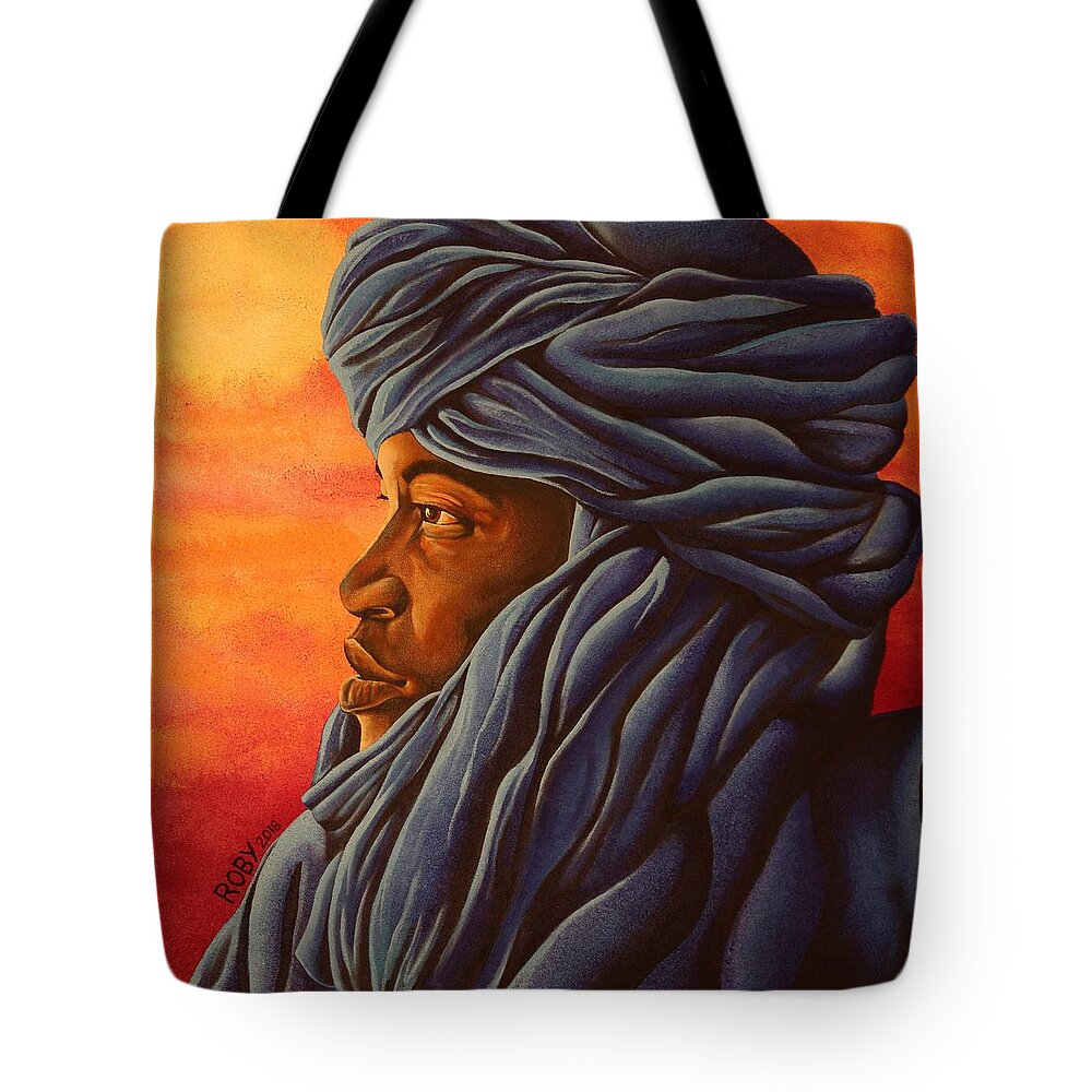 Profile African Male Tote Bag featuring the painting Blue Tuareg by William Roby