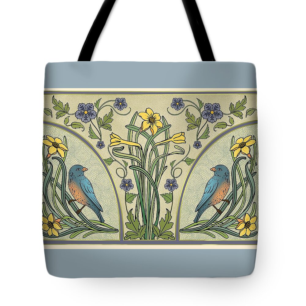 Painting Tote Bag featuring the painting Bluebirds And Spring Blossoms Inspired By Art Nouveau by Little Bunny Sunshine