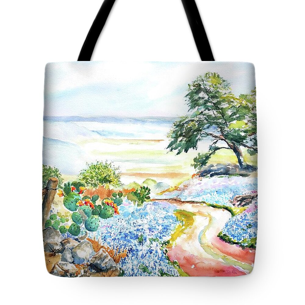 Texas Tote Bag featuring the painting Bluebonnets - Texas Hill Country in Spring by Carlin Blahnik CarlinArtWatercolor
