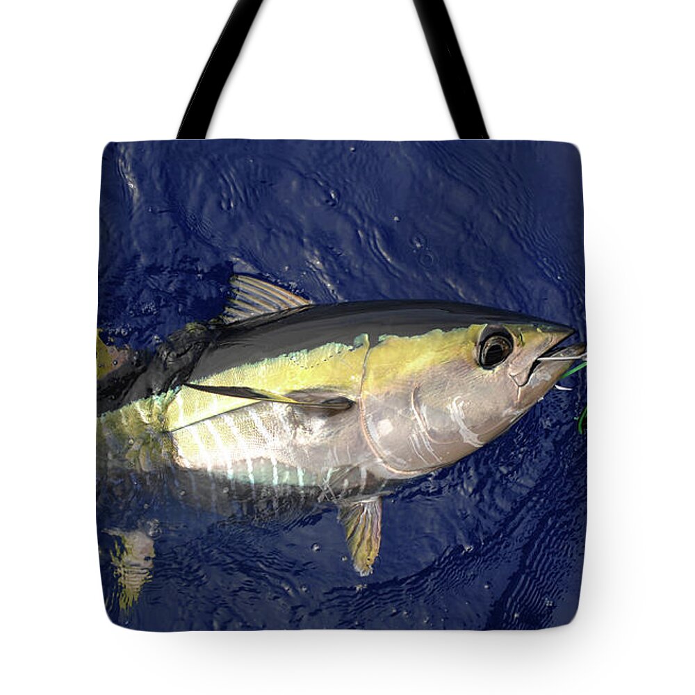 Tuna Tote Bag featuring the photograph Bluefin tuna with lure by David Shuler
