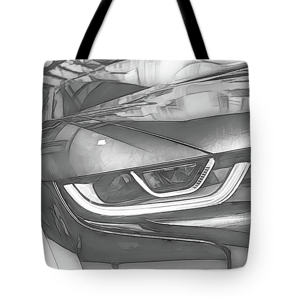 Bmw Tote Bag featuring the digital art BMW i8 Front Abstract Black and White Sketch by Rick Deacon