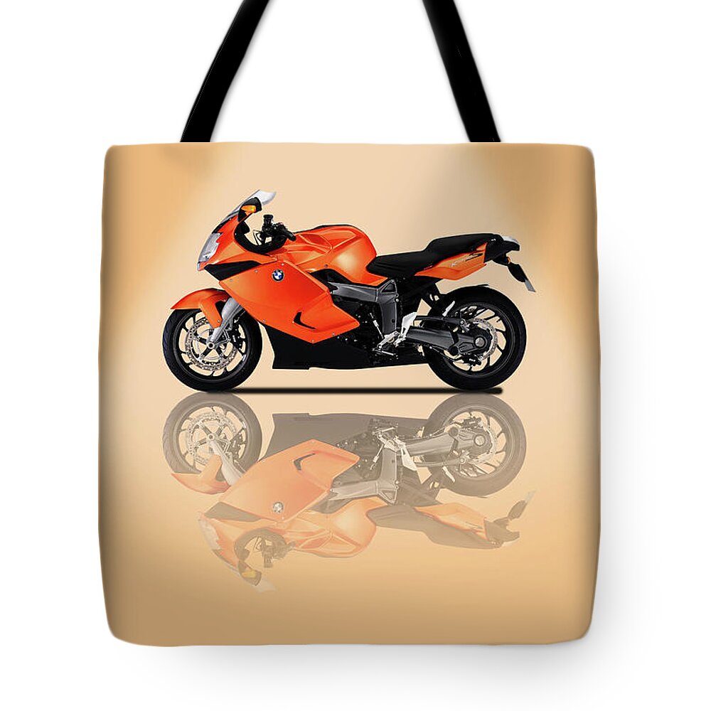 Bmw Tote Bag featuring the mixed media BMW K1300S Tangerine Spotlight by Smart Aviation