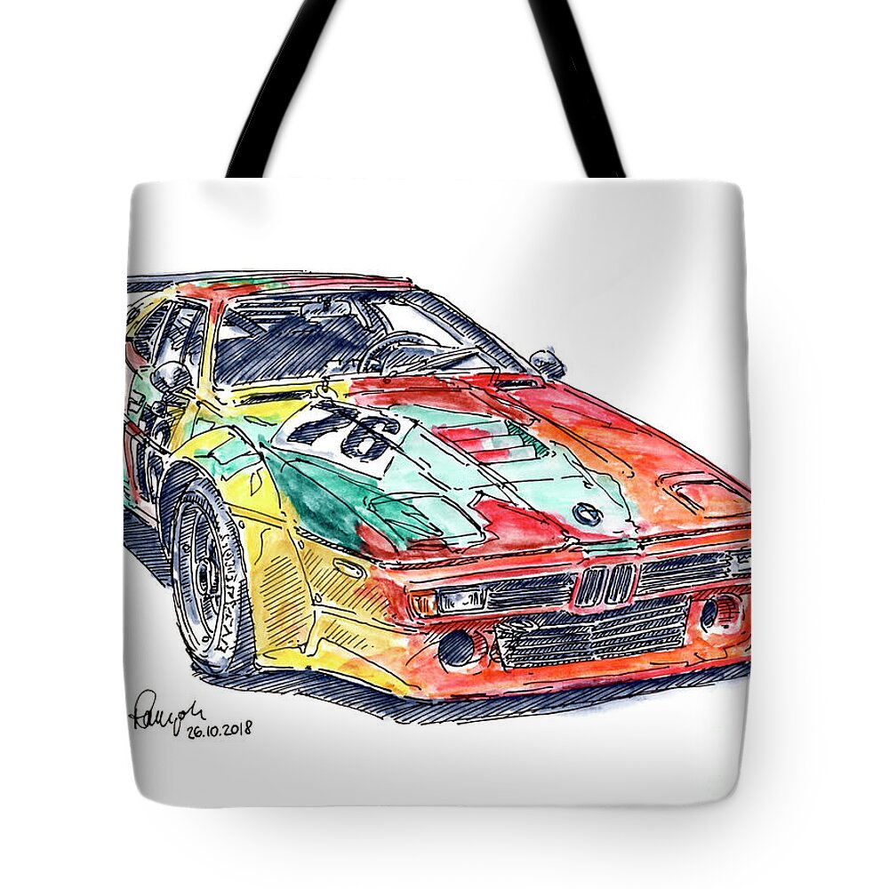 Bmw Tote Bag featuring the drawing BMW M1 Art Car Andy Warhol Racecar Ink Drawing and Watercolor by Frank Ramspott