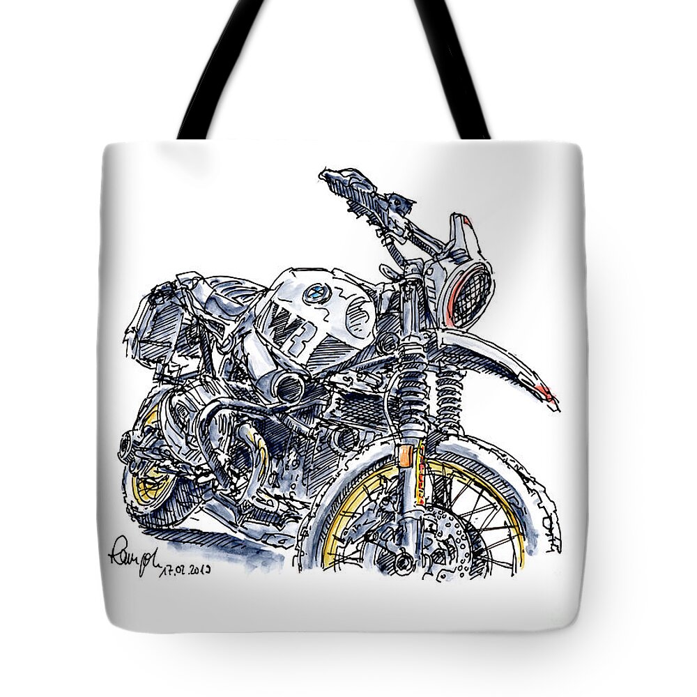 Motorbike Tote Bag featuring the drawing BMW R Nine T Urban Zweiradwerke Motorcycle Ink Drawing and Water by Frank Ramspott