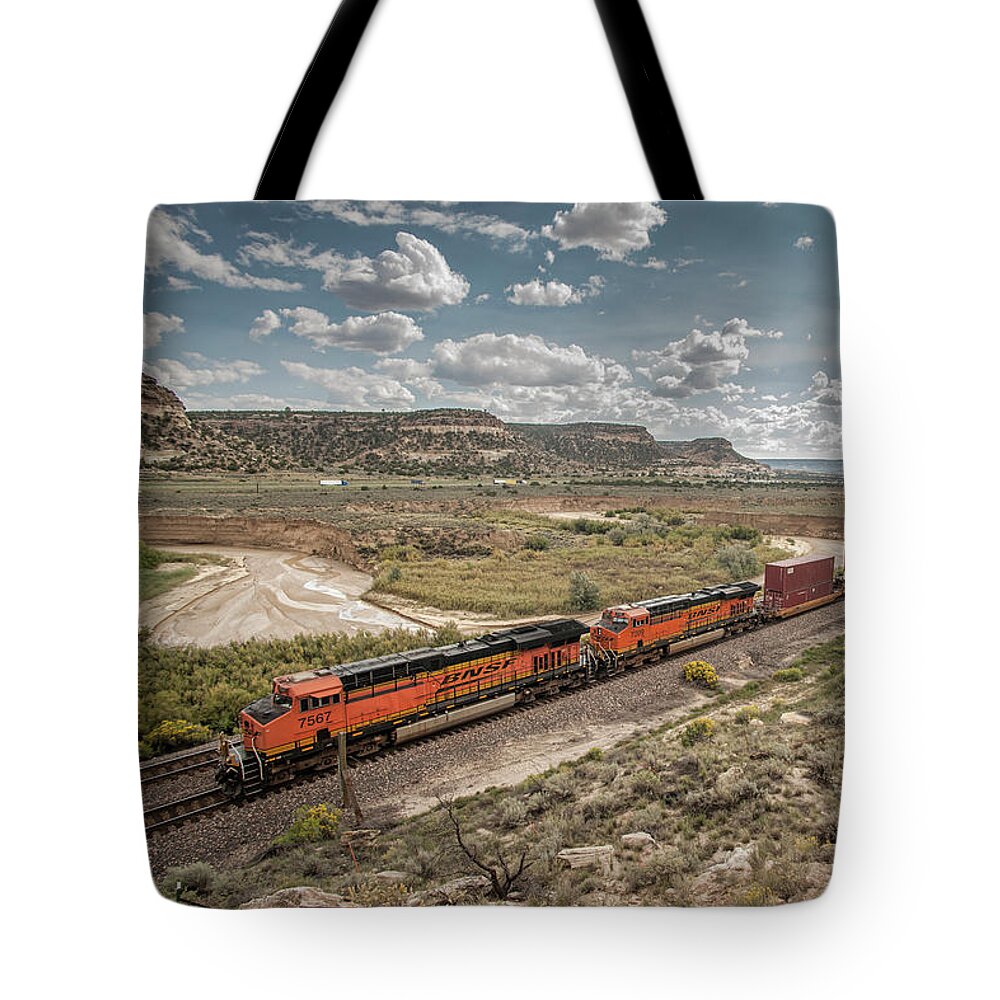 Railroad Tote Bag featuring the photograph BNSF 7567 and 7209 at Continental Divide New Mexico by Jim Pearson