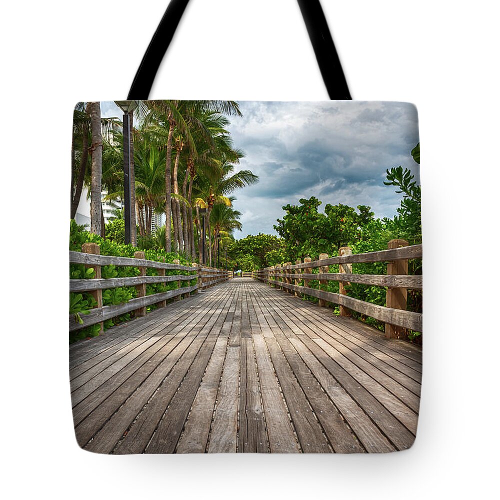 Boardwalk Tote Bag featuring the photograph Boardwalk in Miami Beach by Alison Frank
