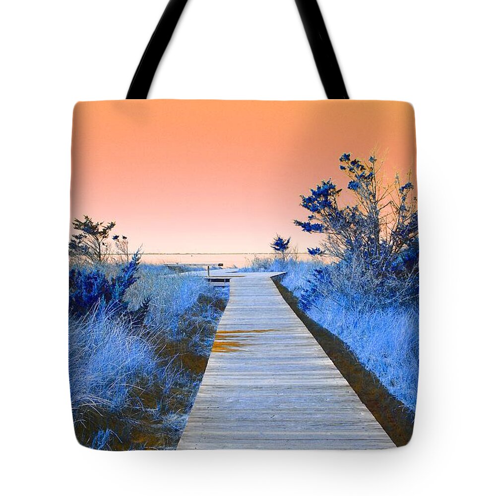 Boardwalk Tote Bag featuring the mixed media Boardwalk to the Bay by Stacie Siemsen