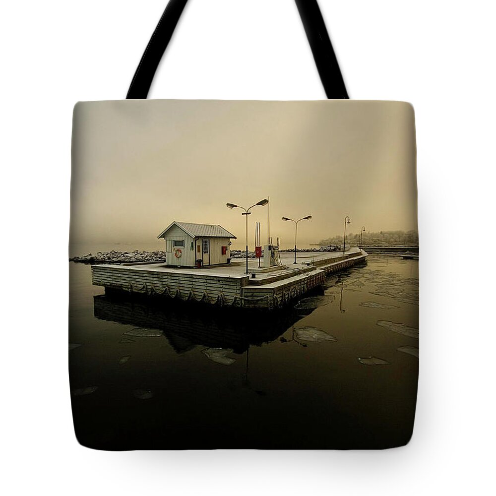 Tranquil Scene Tote Bag featuring the photograph Boat Gas Station By Winter by Audun Bakke Andersen