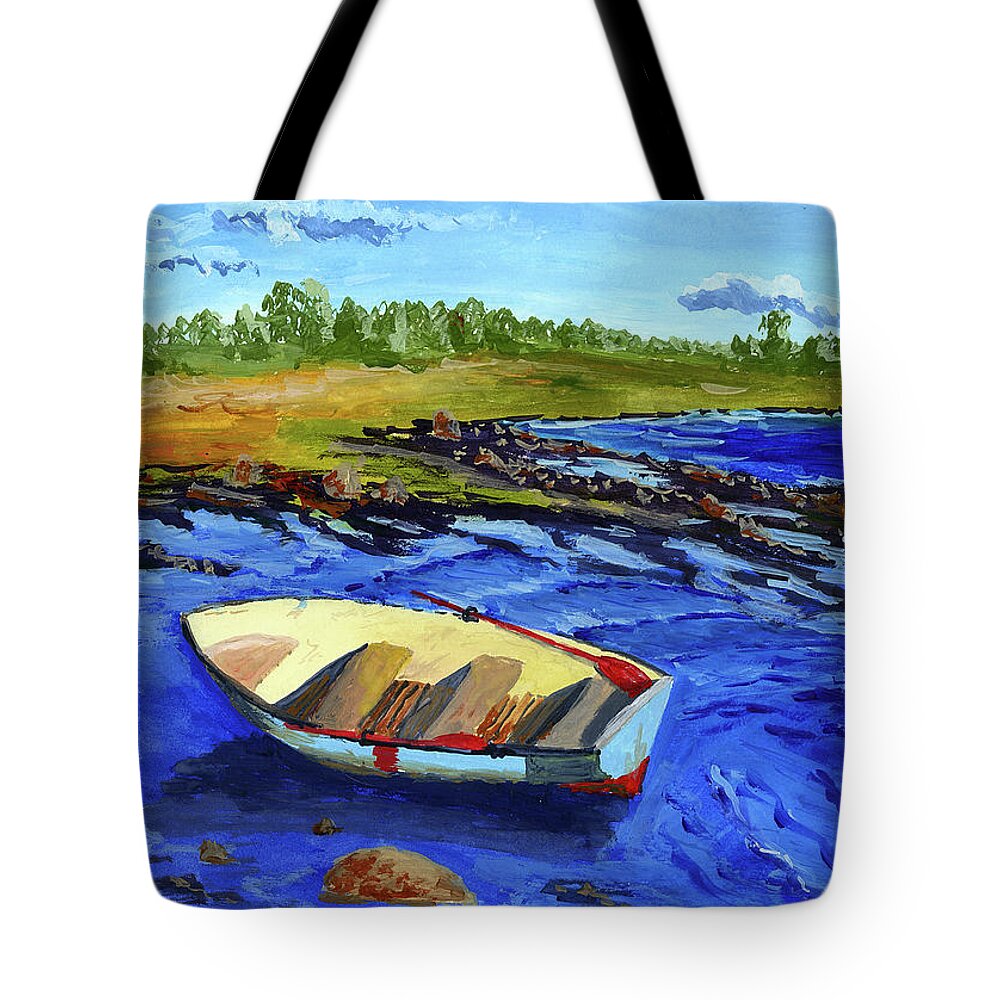 Lakeshore Tote Bag featuring the digital art Boat On Lake Shore by Nadezda Kozulina