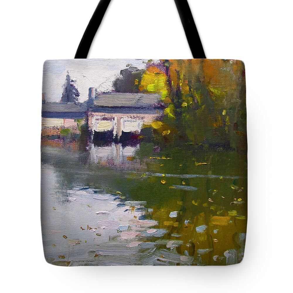 Boathouses Tote Bag featuring the painting Boathouses in Fall by Ylli Haruni
