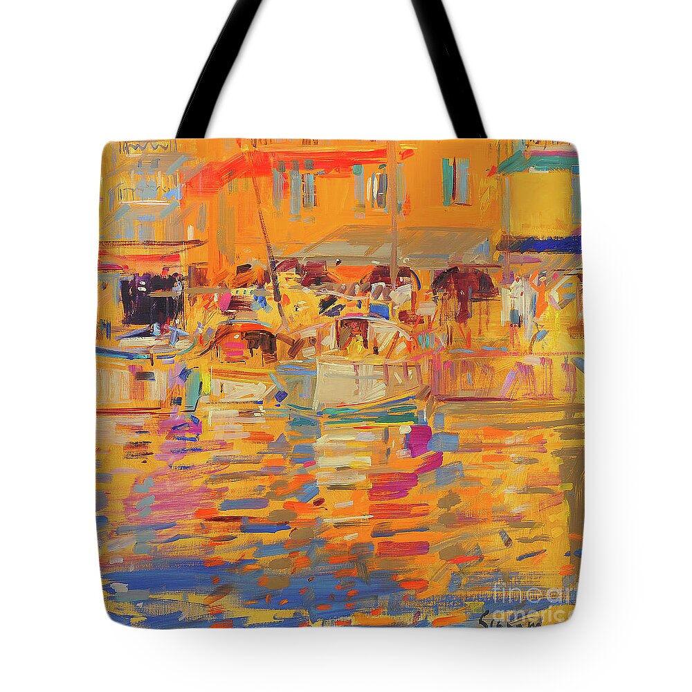 Yellow Tote Bag featuring the painting Boats in Harbor, Saint Tropez by Peter Graham