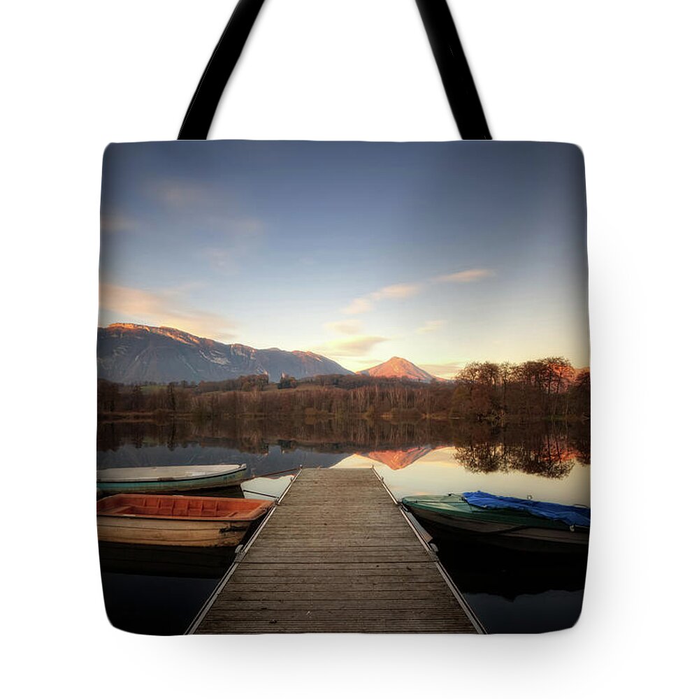 Outdoors Tote Bag featuring the photograph Boats Moored By Boardwalk At Lake St by Girolamo Cracchiolo