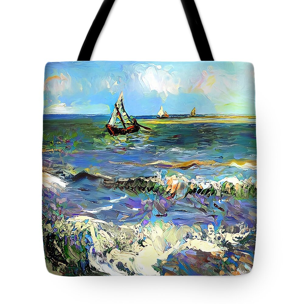 Boats Tote Bag featuring the digital art Boats on the Sea by Pennie McCracken