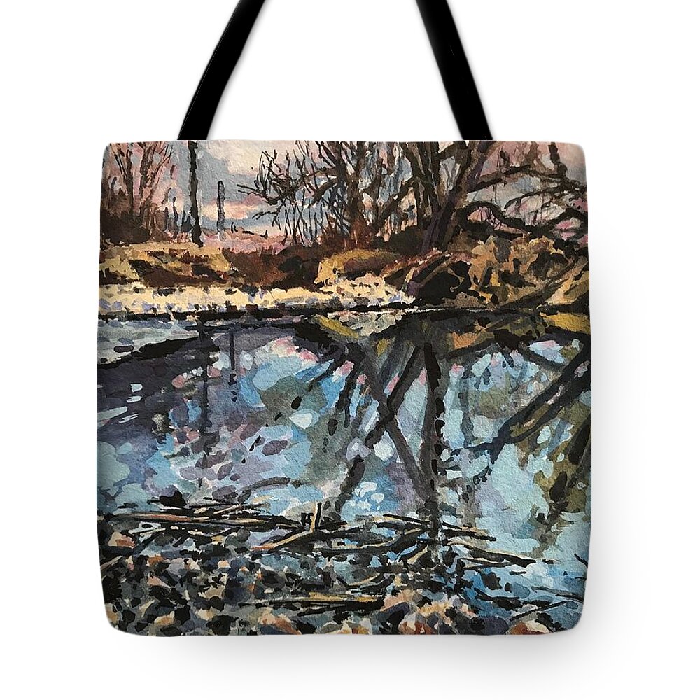 Boise River Tote Bag featuring the painting Boise River from Greenbelt study by Les Herman