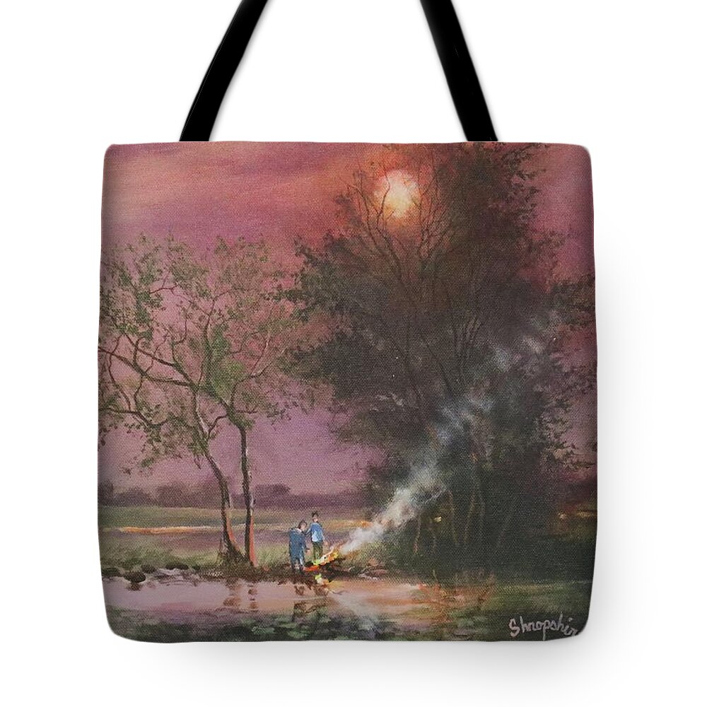 ; Bonfire Tote Bag featuring the painting Bonfire By The Creek by Tom Shropshire