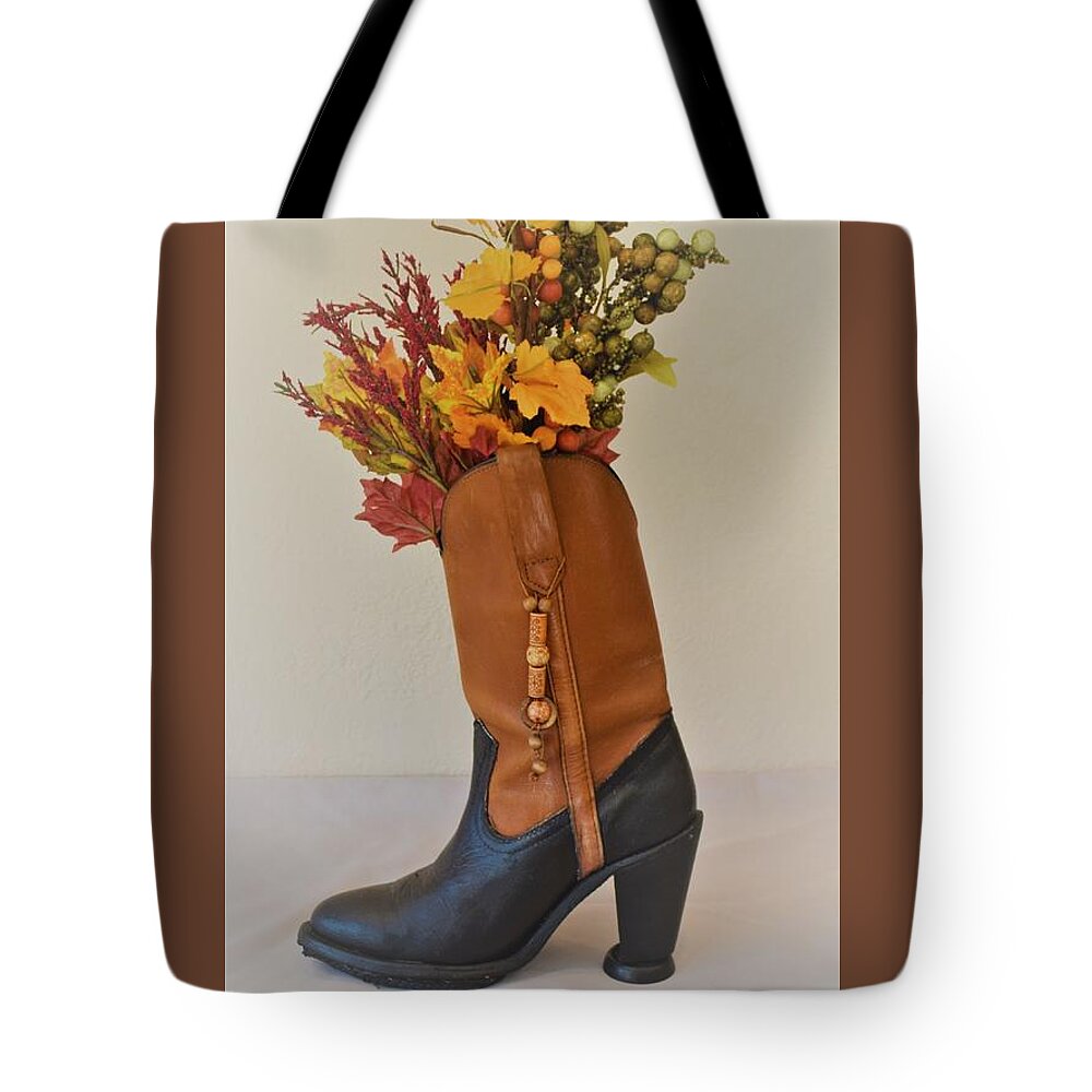 Boot Tote Bag featuring the mixed media Boot Vase by Charla Van Vlack