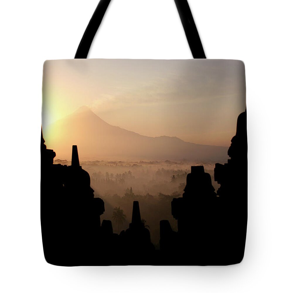Built Structure Tote Bag featuring the photograph Borobodur At Sunrise by Photo ©tan Yilmaz