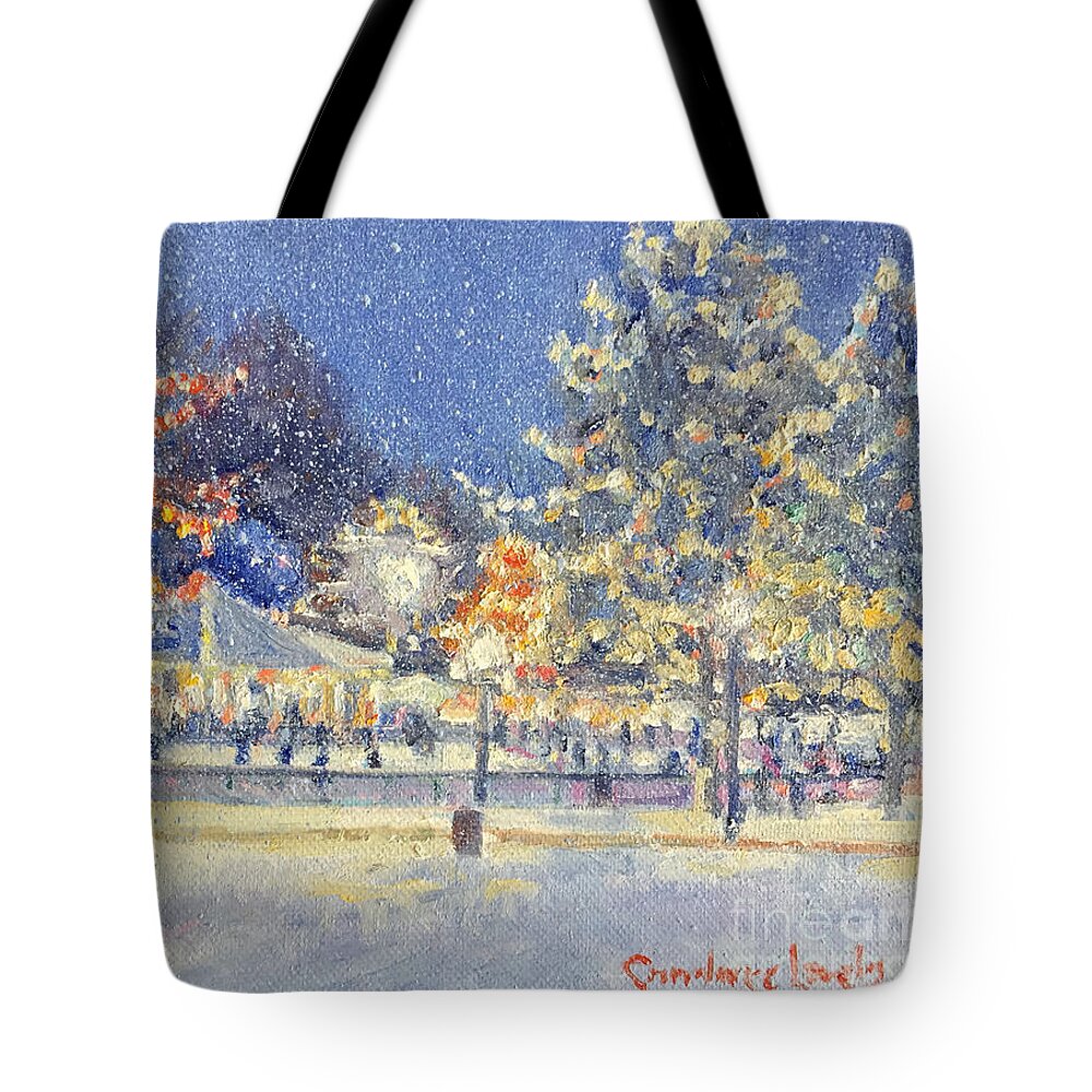 Boston Night Skaters Tote Bag featuring the painting Boston Common Twilight Skaters by Candace Lovely