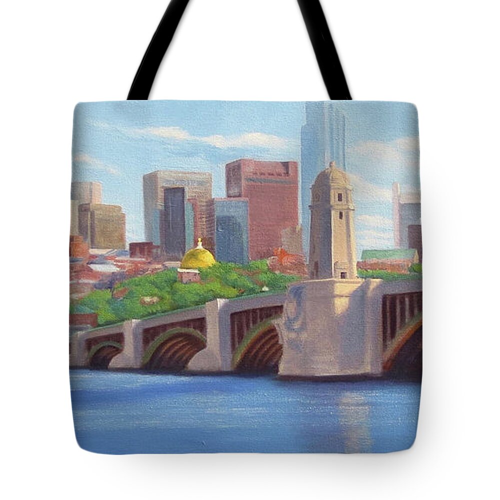 Boston Tote Bag featuring the painting Boston Esplanade at Longfellow Bridge by Rosemarie Morelli