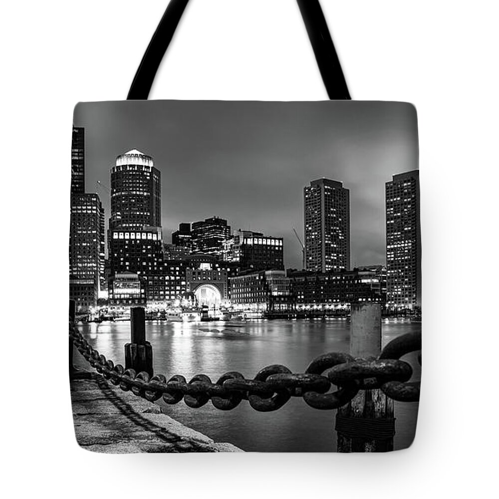 Boston Skyline Tote Bag featuring the photograph Boston Harbor Panoramic Skyline in Black and White by Gregory Ballos