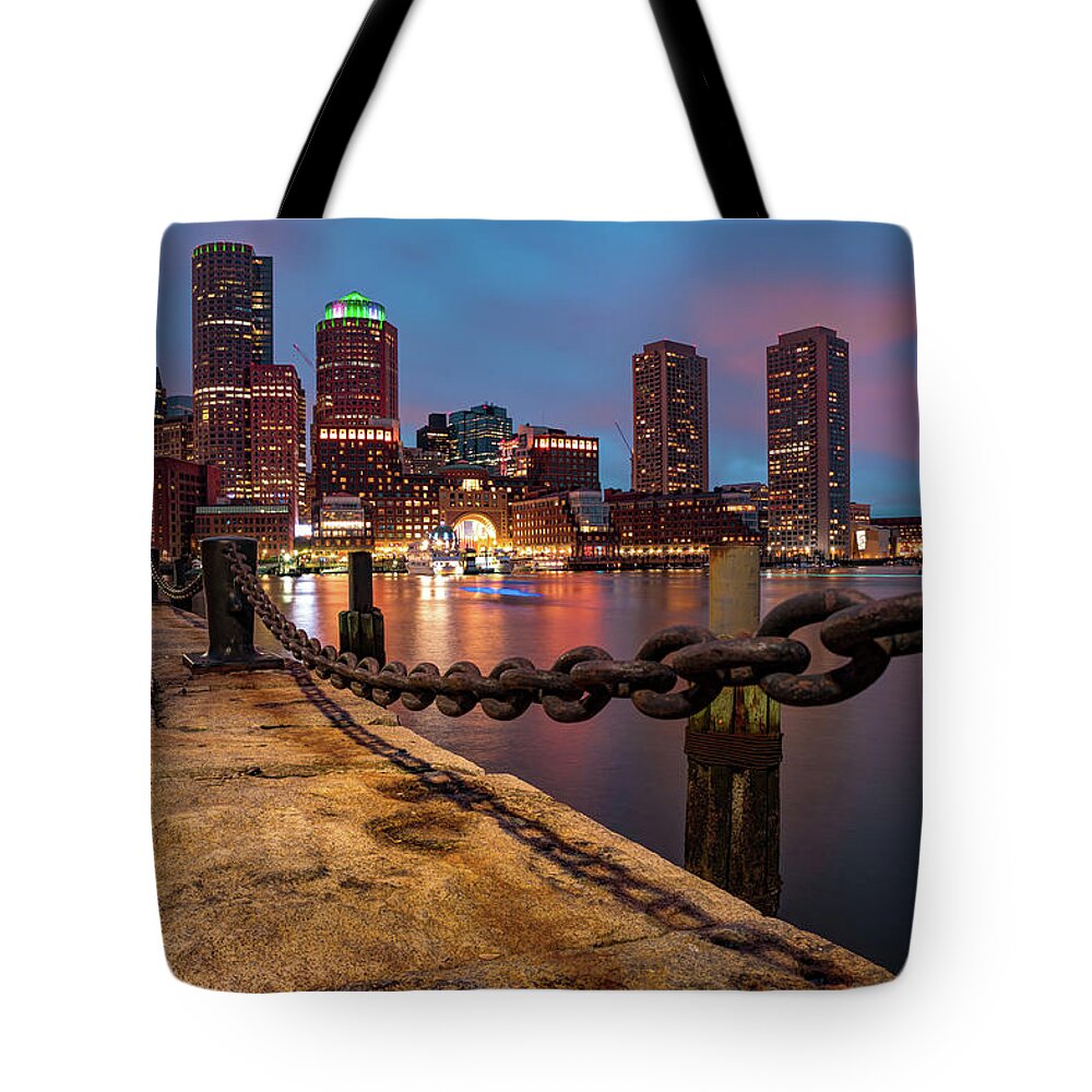 Boston Harborwalk Tote Bag featuring the photograph Boston Skyline at Dusk Along the Harborwalk by Gregory Ballos